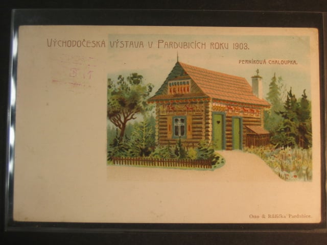 Pardubice, bar. litograf. pohl. Východočeská výstava 1903 - perníková chaloupka, neprošlá, nepatrné lomy