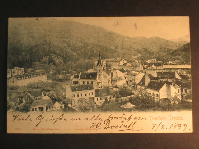 Trenčianské Teplice (Trenčsén Teplicz), SLOVENSKO čb. pohl. celkový pohled, prošlá 1899