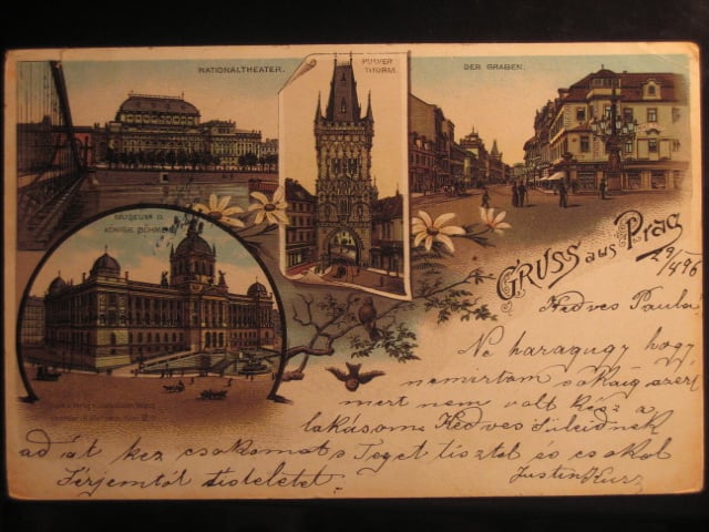 Praha, bar. litograf. vícezáběrová pohl., prošlá, odpadená zn.