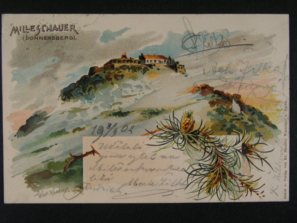 Milešov okr. Litoměřice, litografie, prošlá 1902