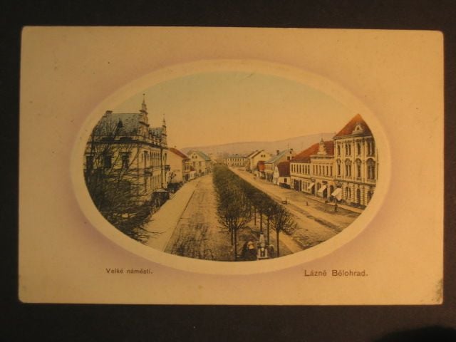 Bělohrad Lázně, bar. pohl. v oválu, prošlá 1916