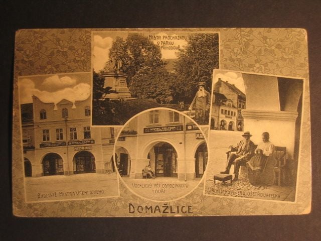 Domažlice, čb. čtyřzáběrová pohl. s Vrchlickým v Domažlicích, prošlá 1913, vlak. raz.
