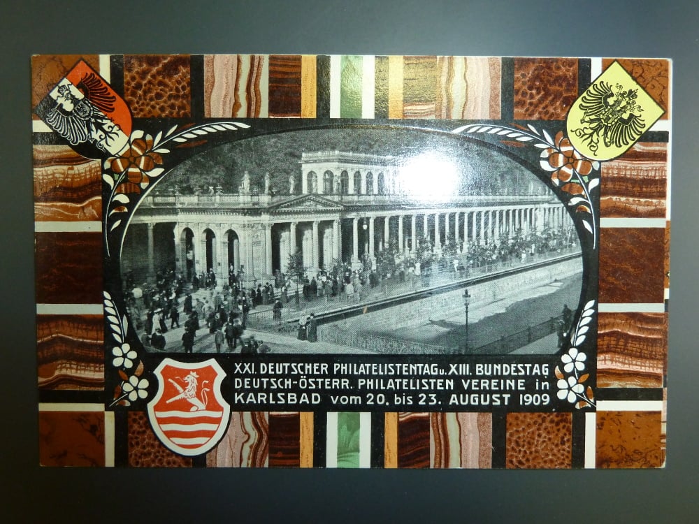 Karlovy Vary s natištěnou 5 h známkou F.J.I s pamětním raz., neprošlá, fialový rámeček