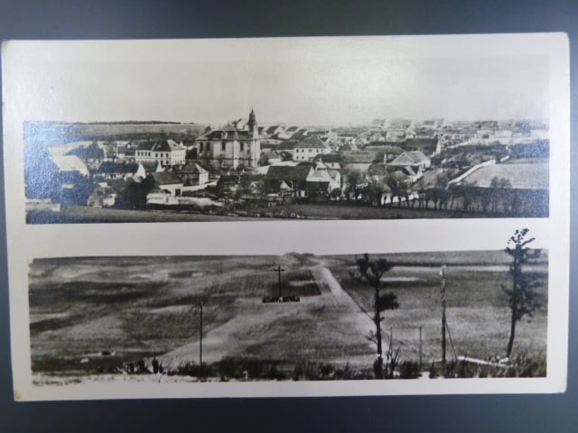 Lidice, čb. fotopohlednice Lidic před a po zničení