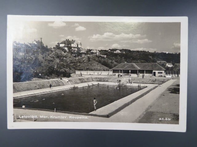 Miroslav, čb. fotopohlednice koupaliště, prošlá
