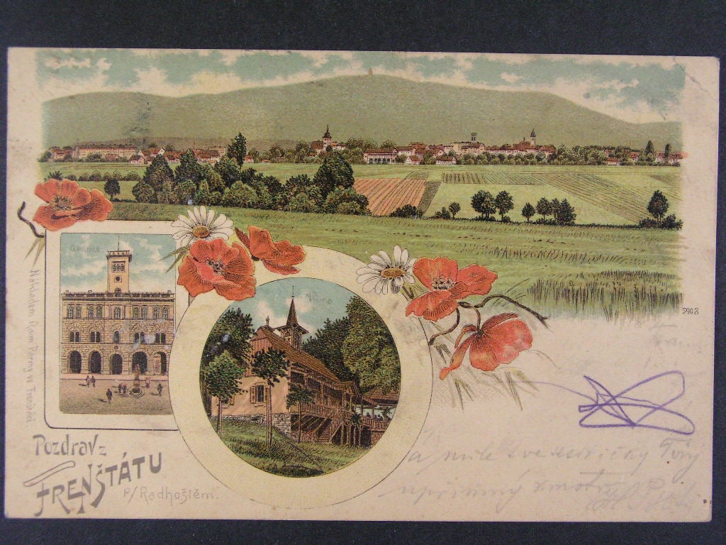Frenštát pod Radhoštěm okr. Nový Jičín, litografie prošlá 1898, stržená známka