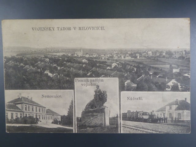 Milovice vojenský tábor, nemocnice, nádraží, prošlá 1925