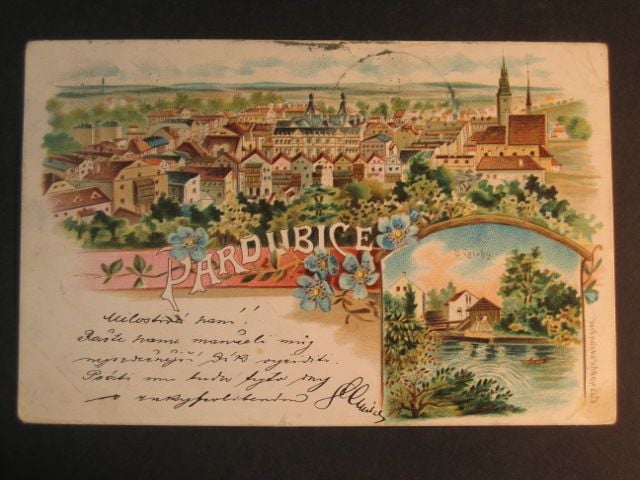 Pardubice, bar. dvouzáběrová litograf. pohl., prošlá 1900, rožky