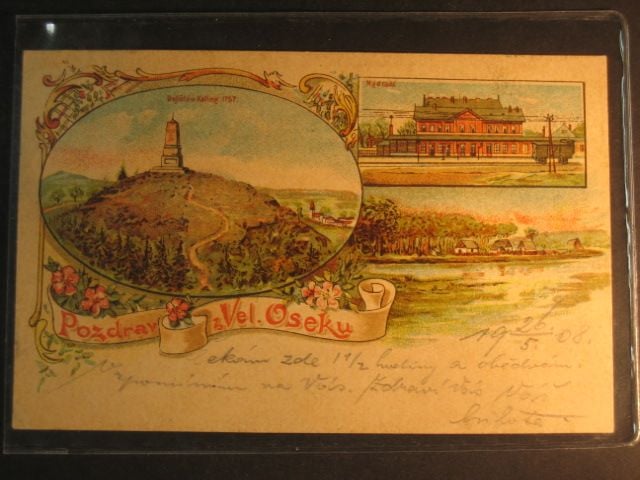 Velký Osek, bar. vícezáběrová litograf. pohl., prošlá 1908