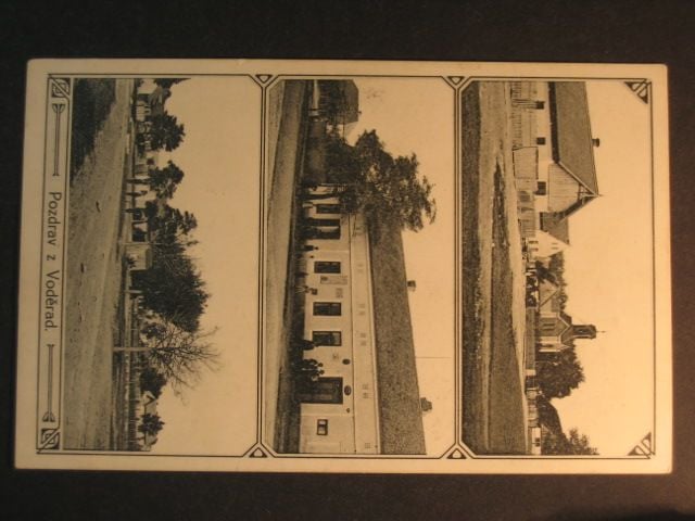 Voděrady, čb. třízáběrová pohl., prošlá 1915, vlak. raz.