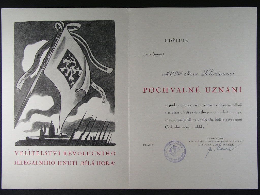 Pochvalné uznání velitelství rev. ilegálního hnutí Bílá hora