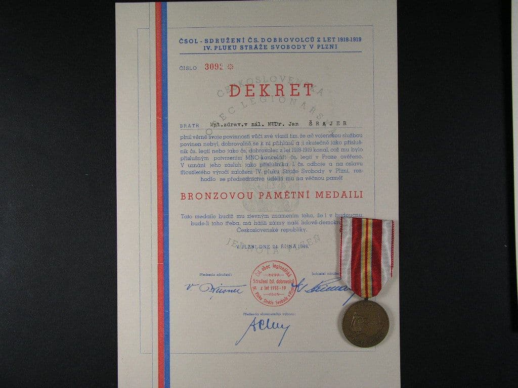 Bronzová medaile IV. pluku Stráže svobody + dekret