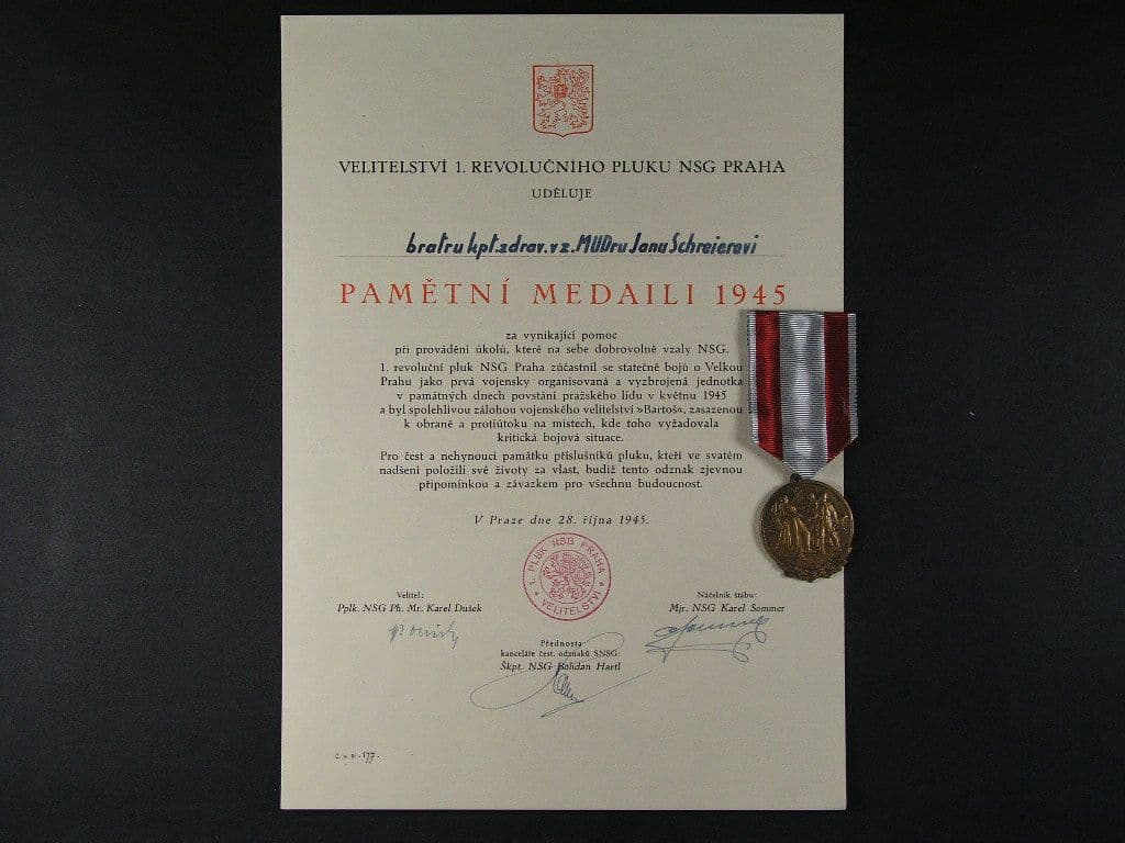 Pamětní medaile 1. revolučního pluku NSG + dekret