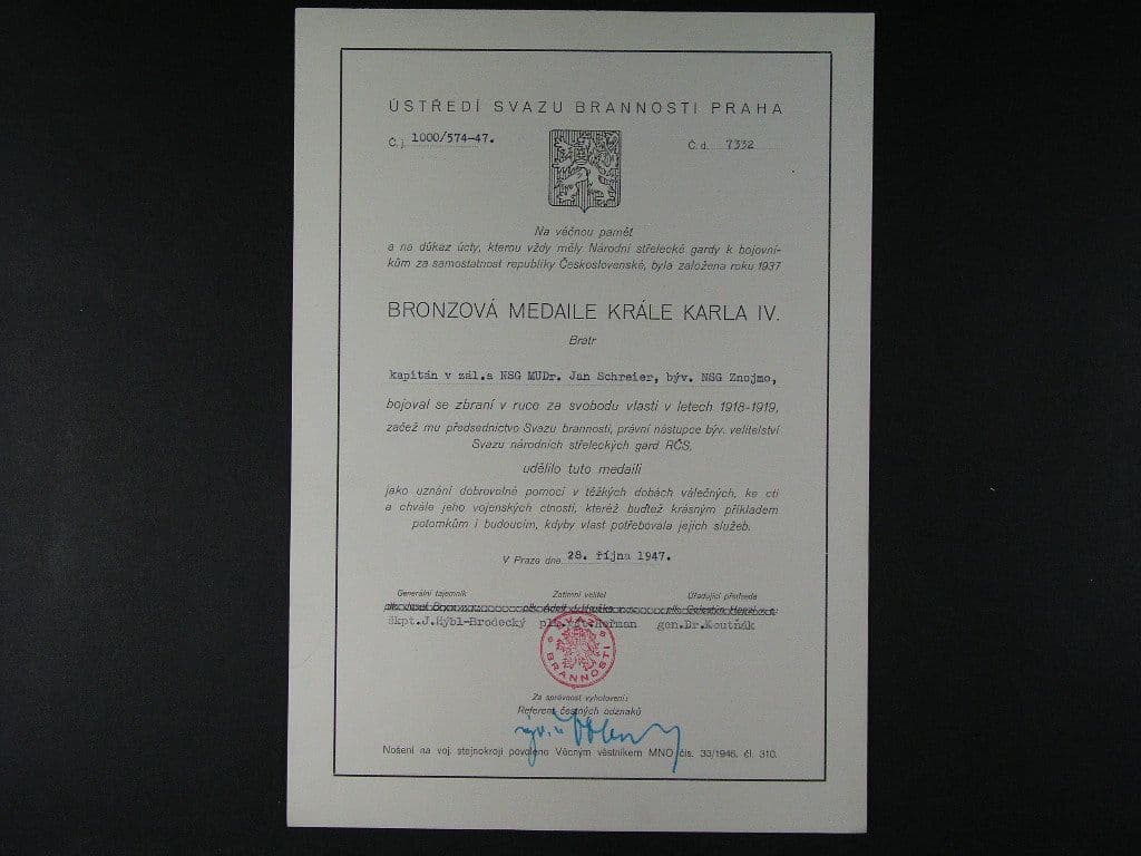 Dekret na bronzovou medaili DOK za věrné služby 1918-1919