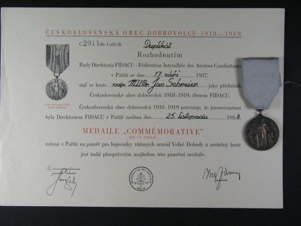 Pamětní medaile mezinárodní federace starých bojovníků FIDAC bez letopočtu + dekret