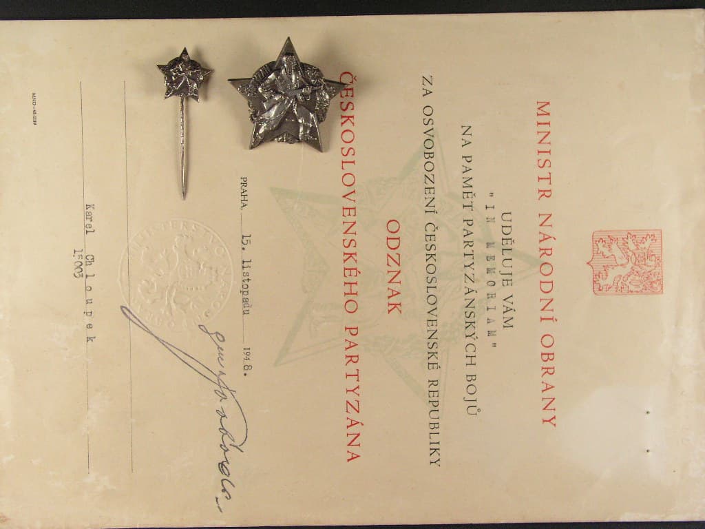Hvězda československého partyzána + miniatura, dekret