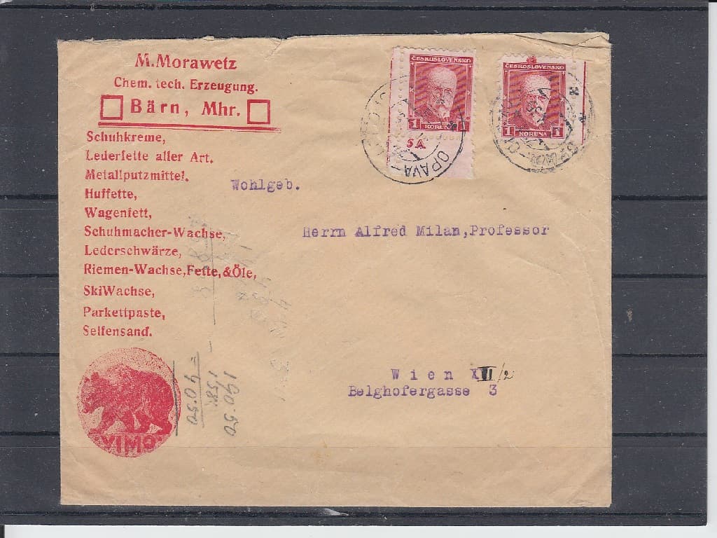 Dopis vyfrankovaný zn. č. 260 z DČ 5A a zn. č. 260 s velkou červenou skvrnou nad nápisem ČESKOSLOVENKO.