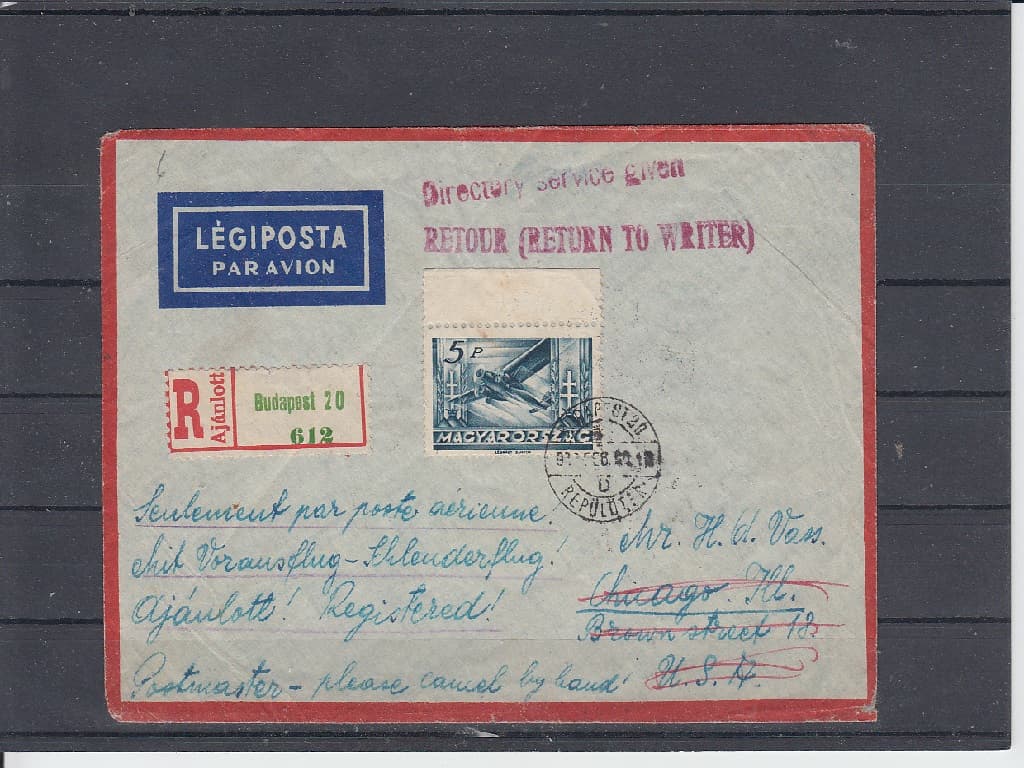 R- letecký dopis zaslaný z Budapešti do USA vyfrankovaný zn. Mi č. 537 pod razítkem Budapešť 22.2.1939.