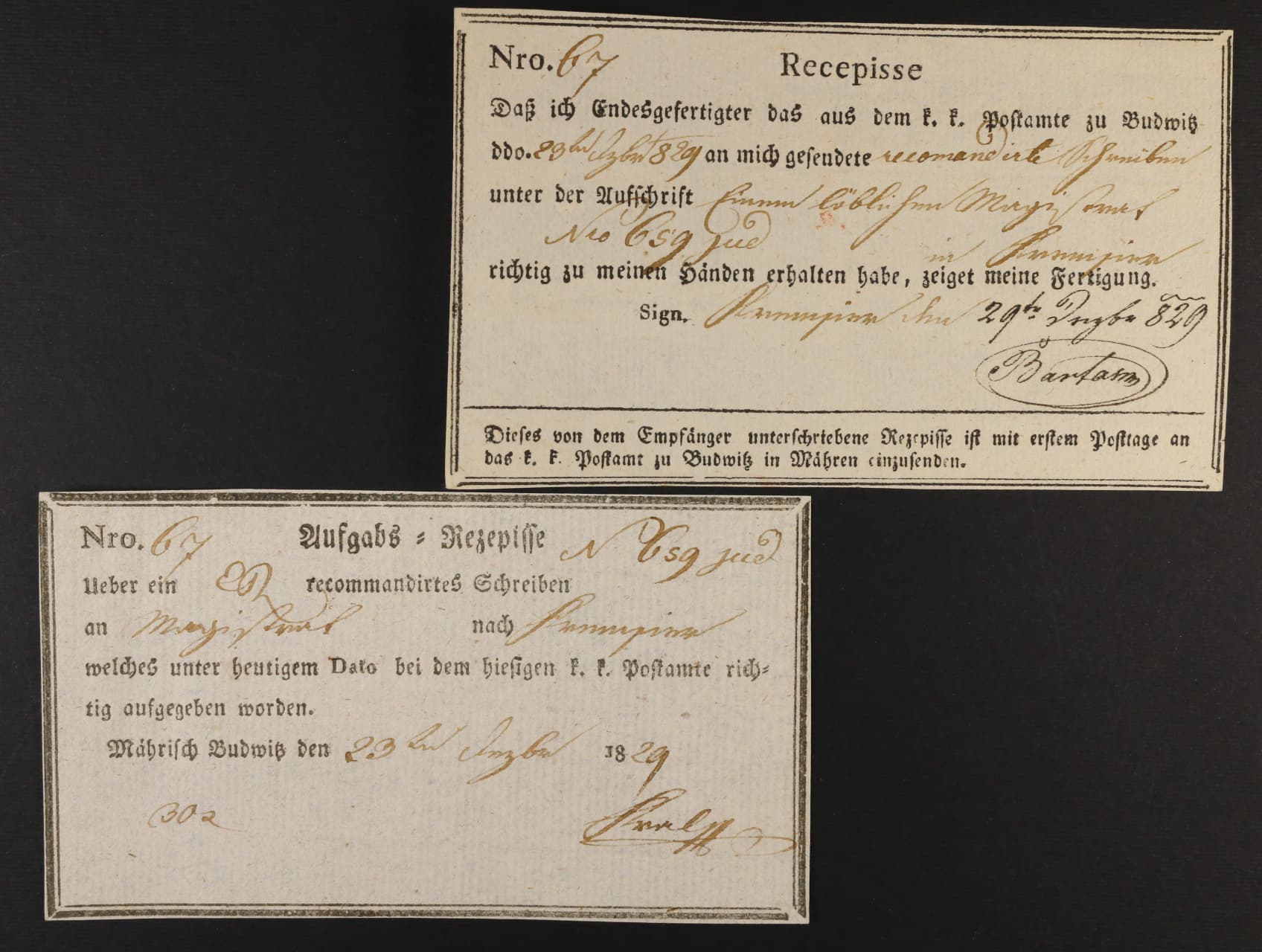 Podací a zpáteční recepis (par) z r. 1829 pod. č. 67