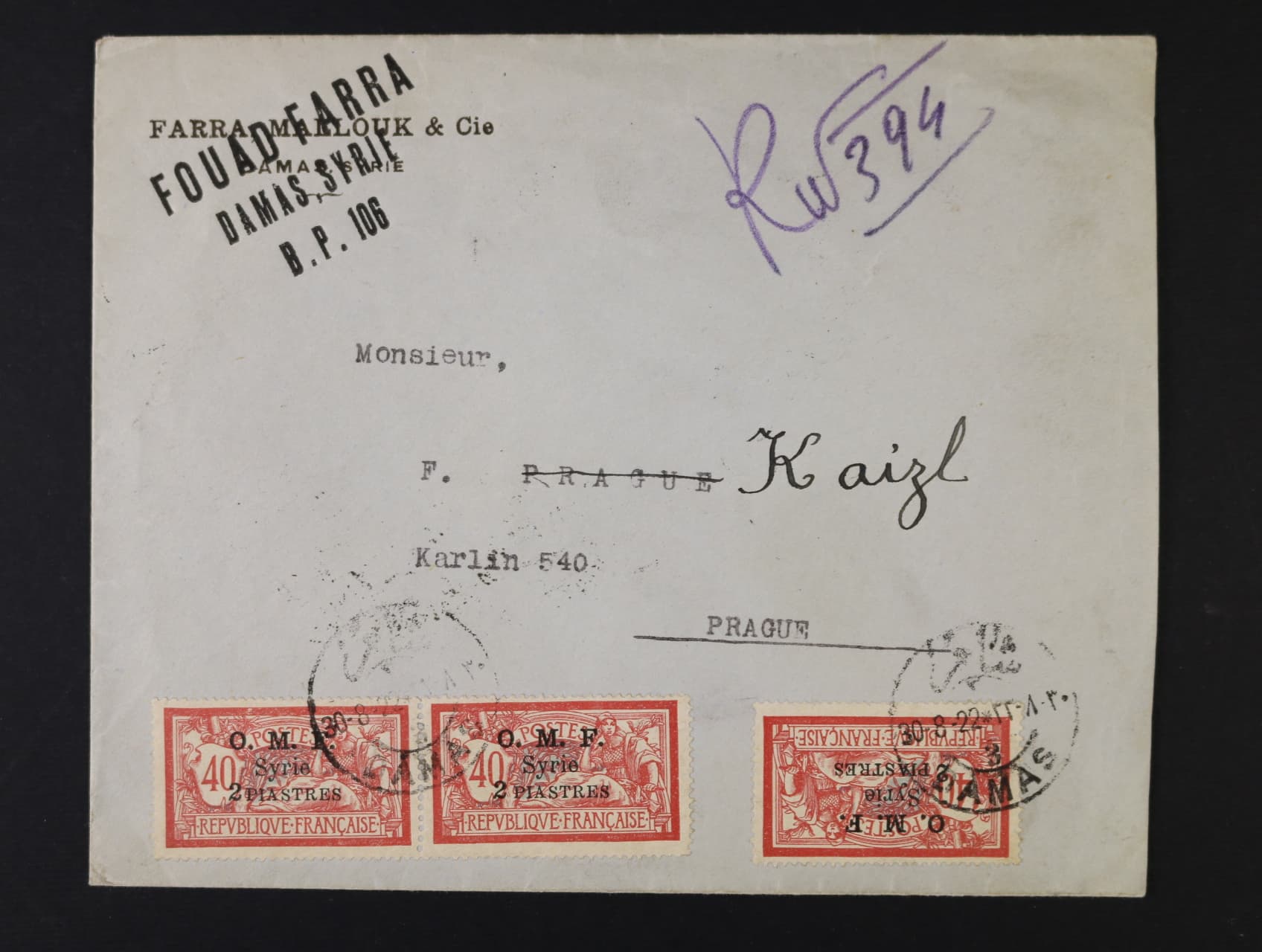 Fr. Sýrie - R-dopis do Prahy frank. zn. Mi. č. 159 (3x), pod. raz. DAMAS 30.8.22, průch. a přích. raz.