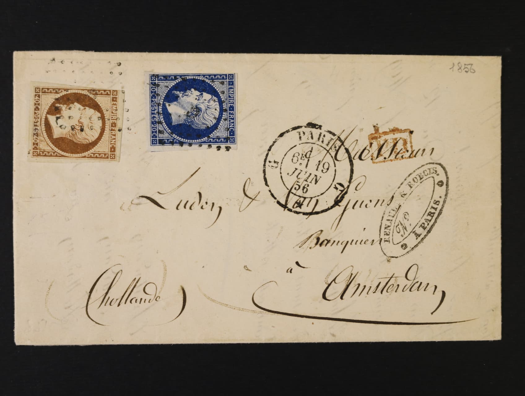 Skl. dopis do Amsterdamu z r. 1856 frank. zn. Mi. 4. 13 Ic + 15a s bodovým kosočtverc. raz. + denní raz. PARIS 18.JUIN.56 + přích. raz.