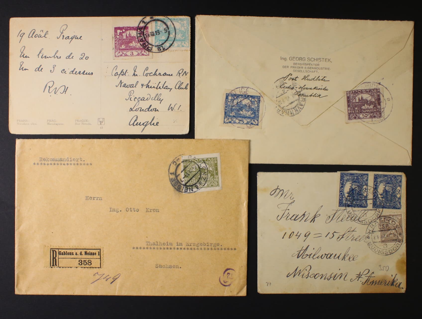 sestava 4 ks dopisů z let 1919 - 20 (2x RECO) do Holandska, Německa, Anglie a USA, zajímavé frankatury
