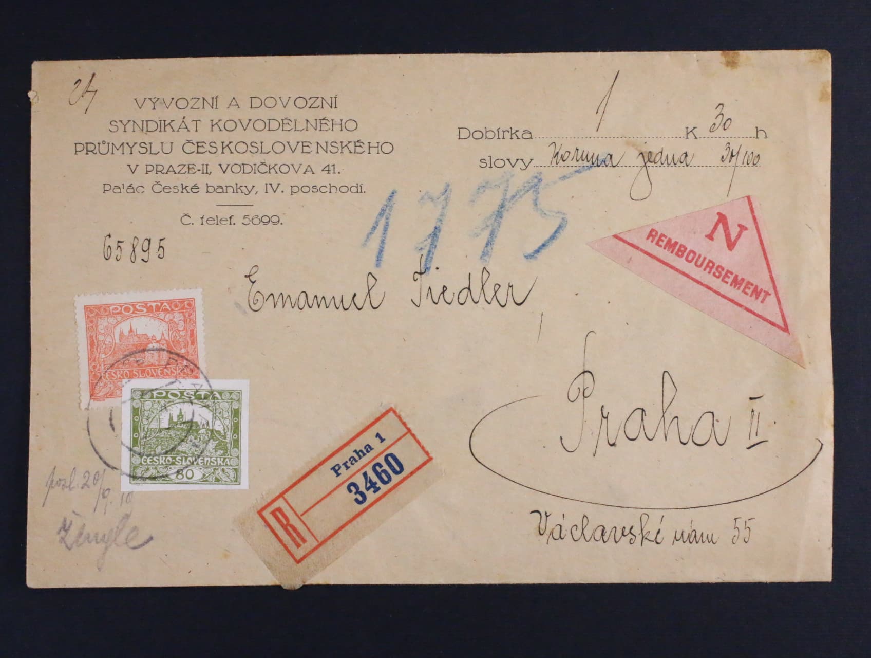 firemní dobírkový R-dopis do Prahy frank. zn. č. 7 A + 19, pod. raz. PRAHA 1 s ručně dopsanou datací 20.9.19, zajímavé, dobrá kvalita