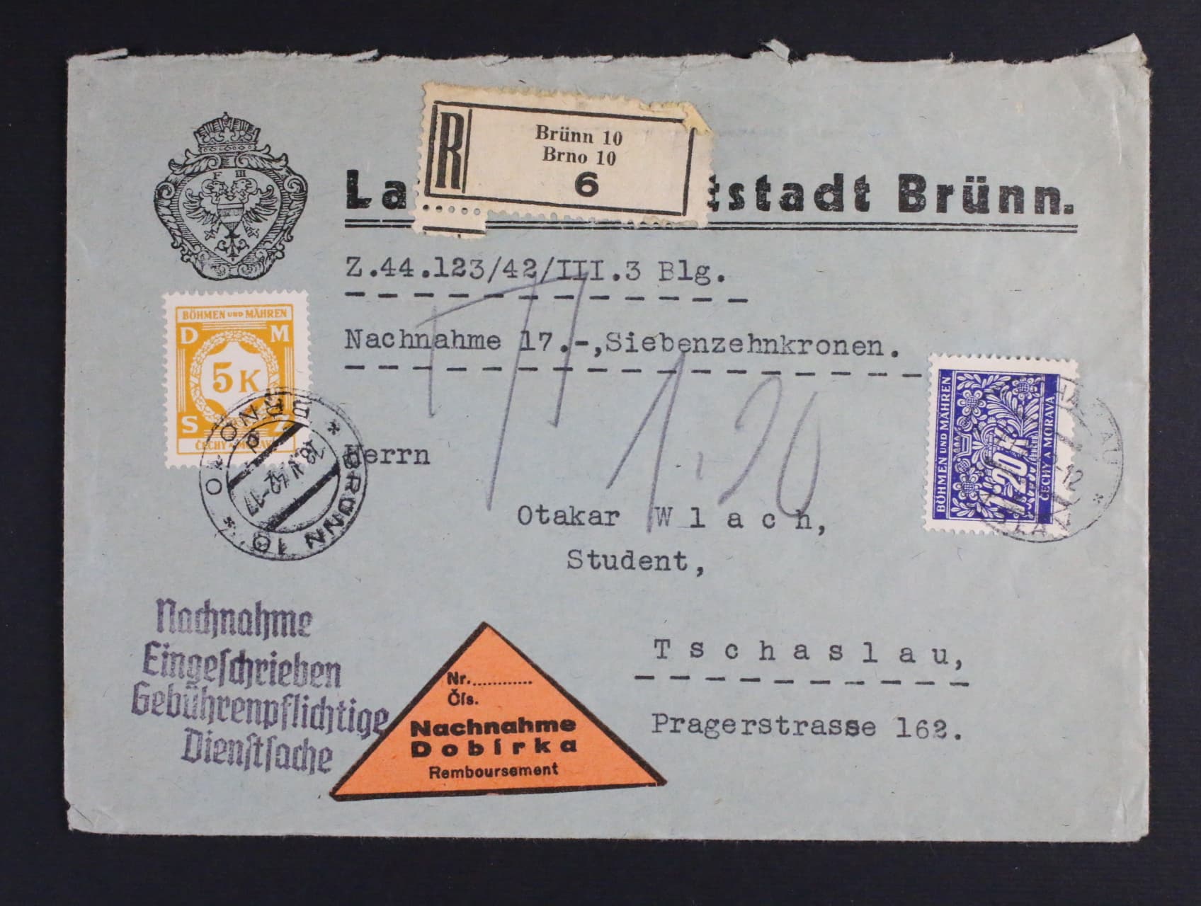 služební R-dobírka frank. zn. SL č. 12, pod. raz. BRNO 18.5.42 dofrank. dopl. zn. DL 10 s raz. TSCHASLAU 19.5.42