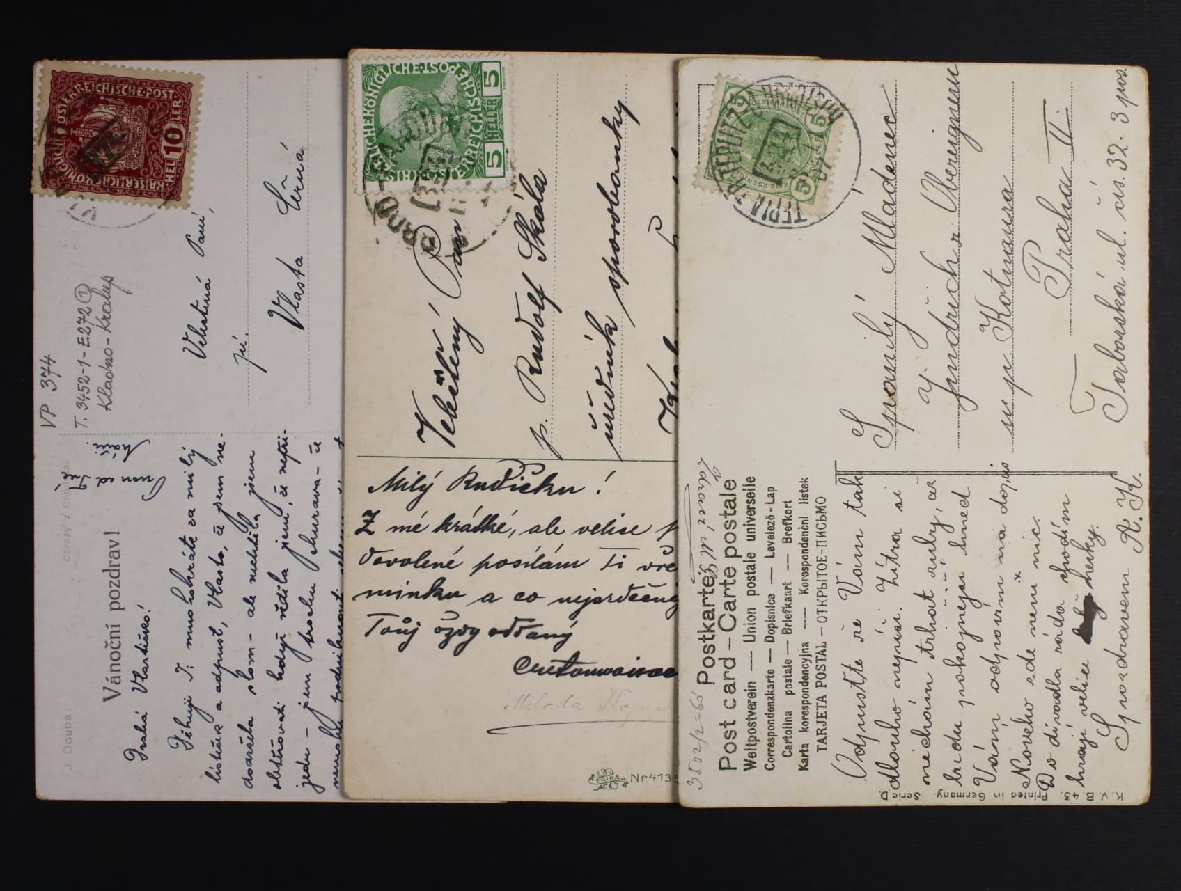 sestava 3 ks celistvostí z let 1907 - 1909 s raz. VLP c. 424 Tepla - Tr. Teplitz - U. Hradisch, 324 Brod - Pardubice, 374 Kladno - Kralup
