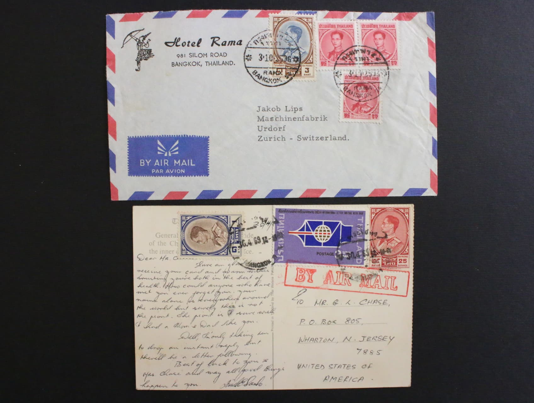 Thajsko - dve celistvosti do USA, Svycarska, zajimave frankatury, pod. raz. BANGKOK 1959, resp. 1969
