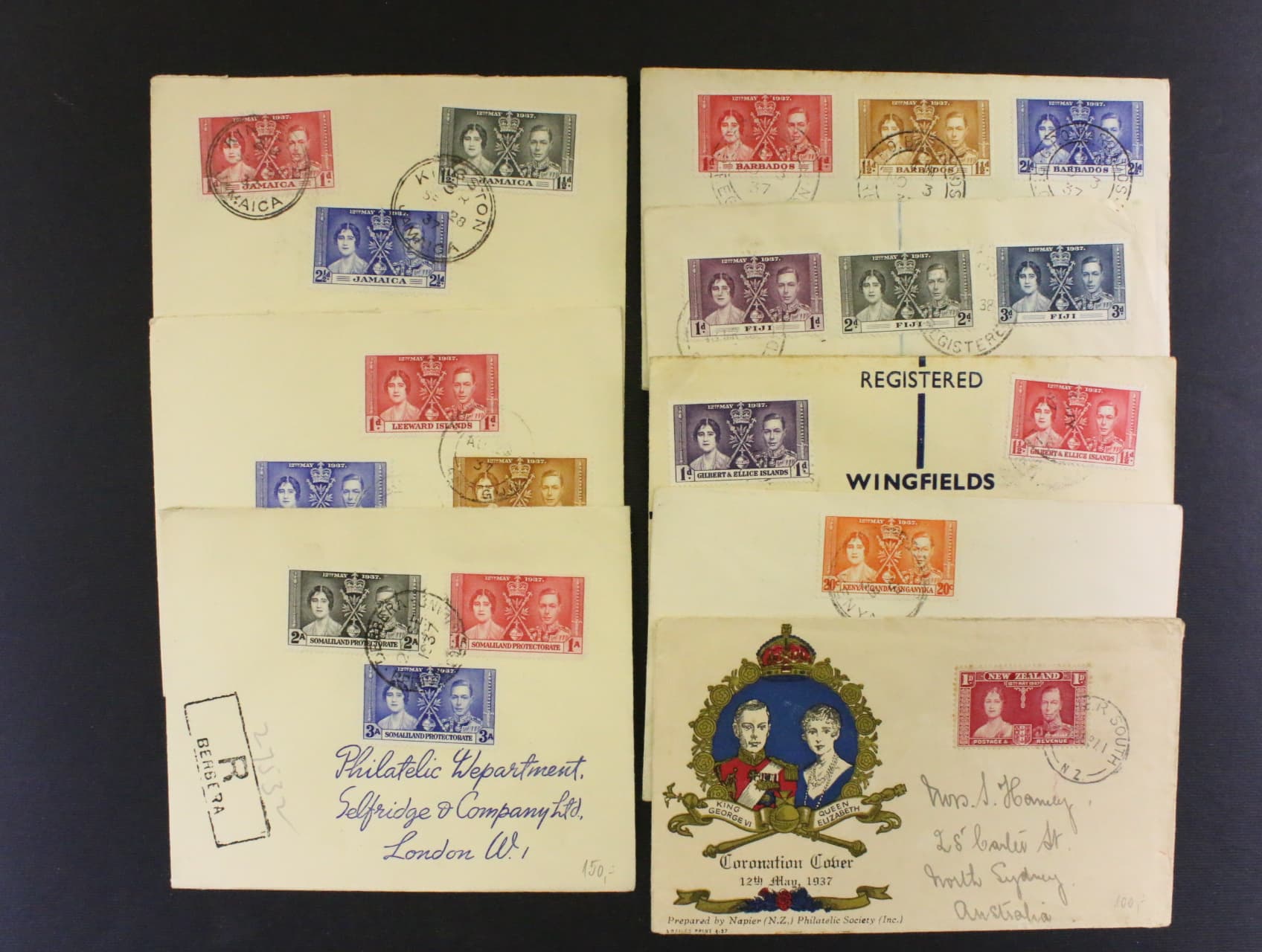 sestava 8 ks prevazne R-dopisu frank. zn. ke korunovaci 1937 - Barbados, Fiji, Gilbert & Ellice, Jamaica, Kenya ..., Leeward, Novy Zeland, Somailand Protectorate