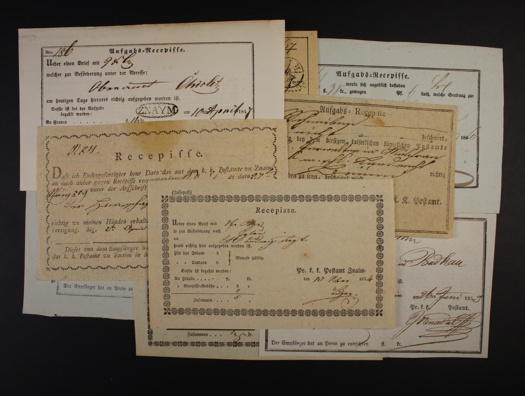 sestava 11 ks různých recepisů z let 1819 - 1872 s různými raz. ZNAIM, velmi zajímavé
