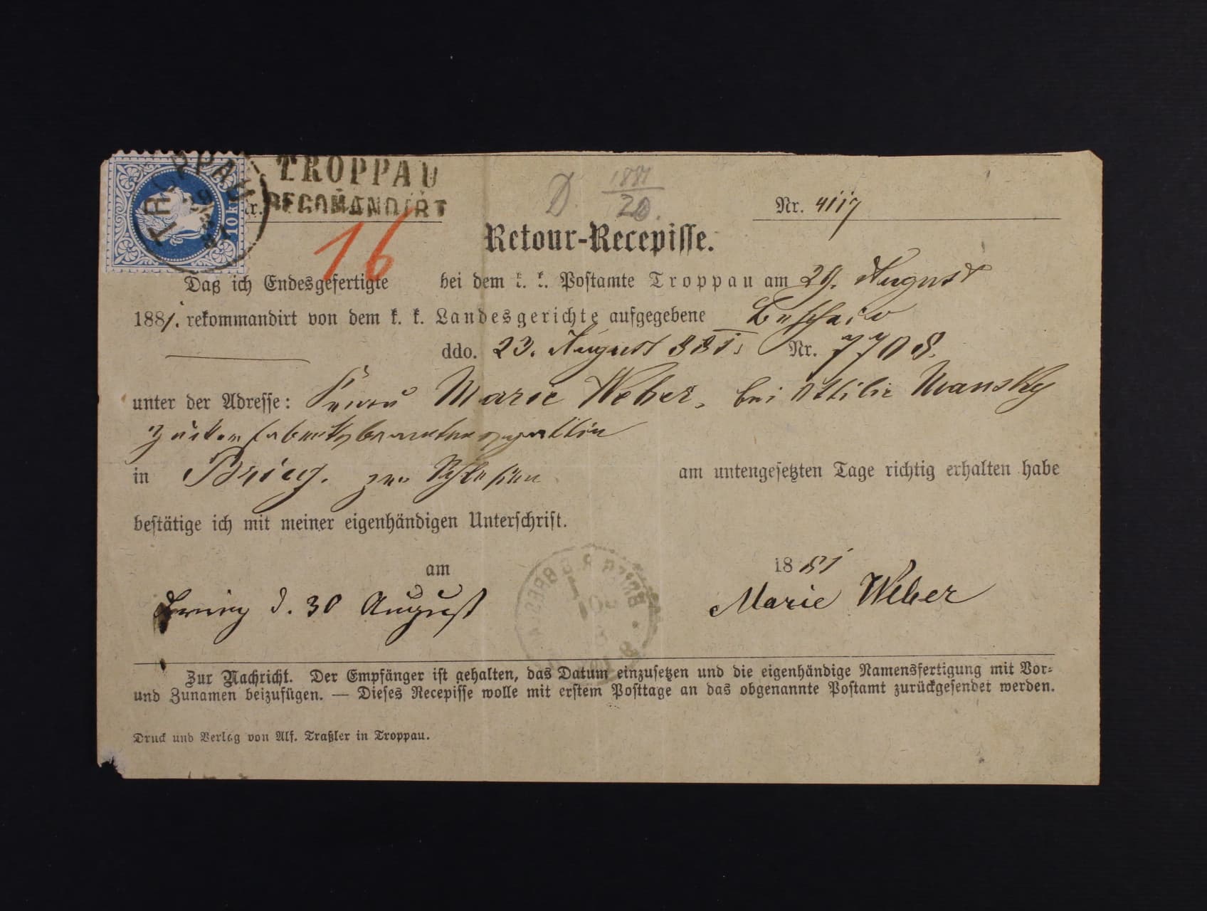 zpáteční recepis frank. zn. Fe. č. 38 I, původ. raz. TROPPAU 29.8.81, zajímavé