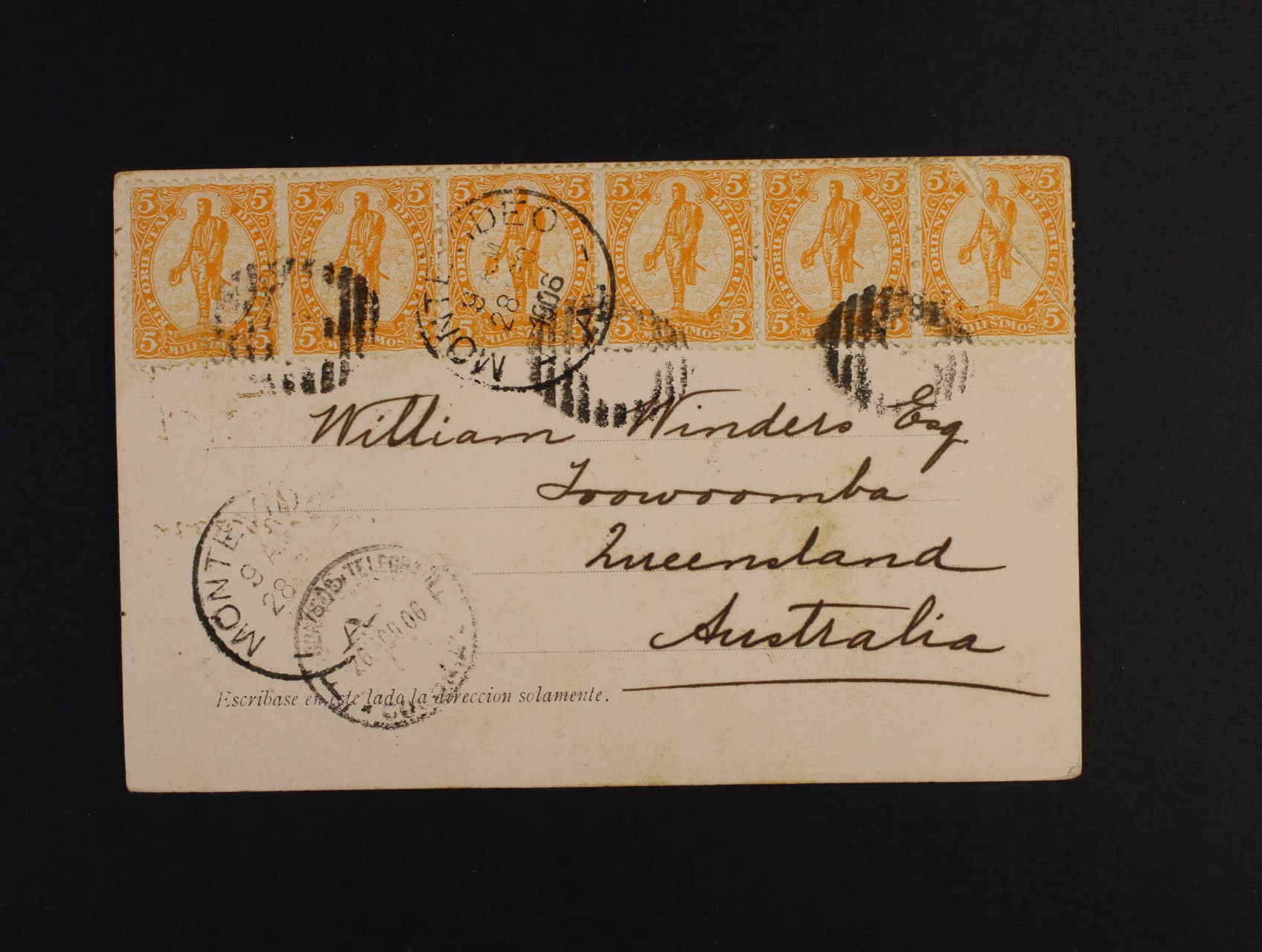 Uruguay - jednobar. pohlednice do Austrálie frank. 6ti-páskou zn. 5ct (krajová známka s příčnou složkou papíru), pod. raz. MONTEVIDEO 28.AGO.1906, zajímavé, k prohlédnutí