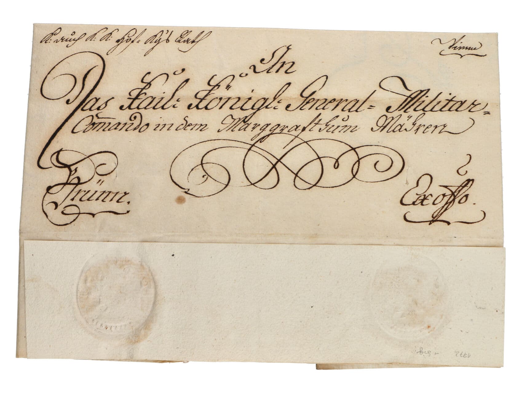 vojenský služební skl. dopis z r. 1772 z Vídně do Brna, na zadní str. dvě suché pečetě, velmi dekorativní, dobrá kvalita, zajímavé