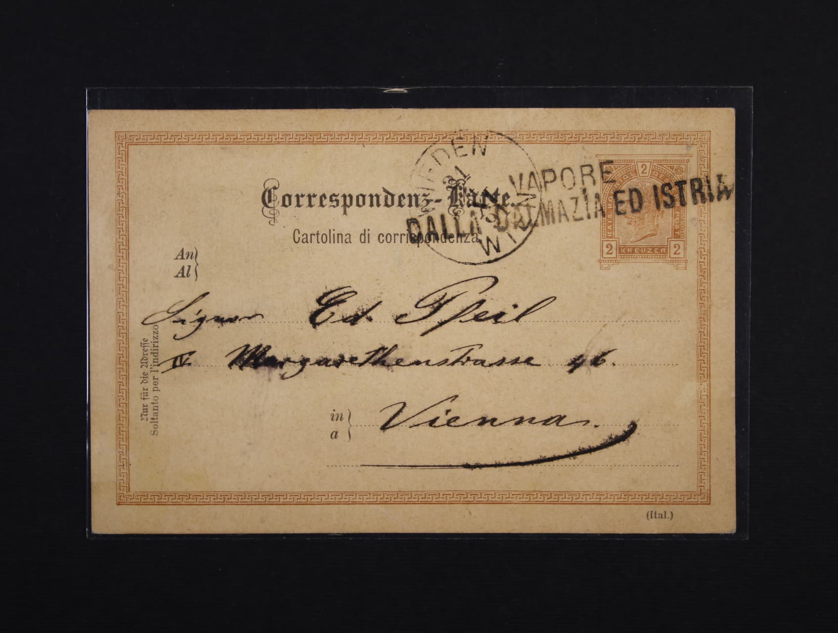 KL 2kr Doppeladler do Prostějova s pod. řádk. raz. POSTCONDUCTEUR IM ZUGE GRULICH - ÖLMÜTZ No. 58/1024, průch. a přích. raz.