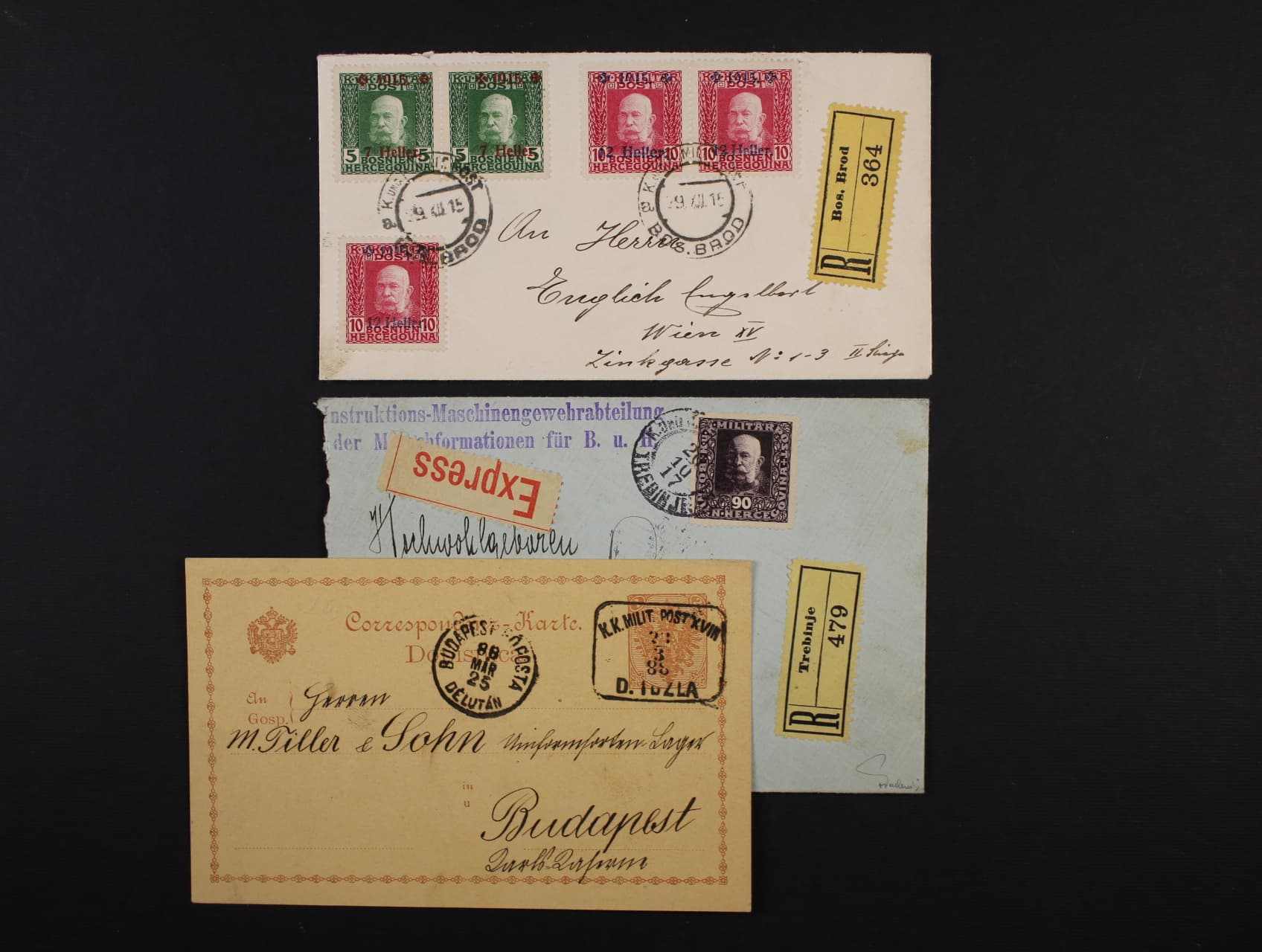 1888 - 1917 zajímavá sestava 3 ks celistvostí 1x R-EXPRES, 1x RECO, 1x celina 2kr do Budapešti s rámeč. raz. K.K. MILIT. POST XVIII. D. TUZLA 23.3.1888, dobrá kvalita, zajímavé
