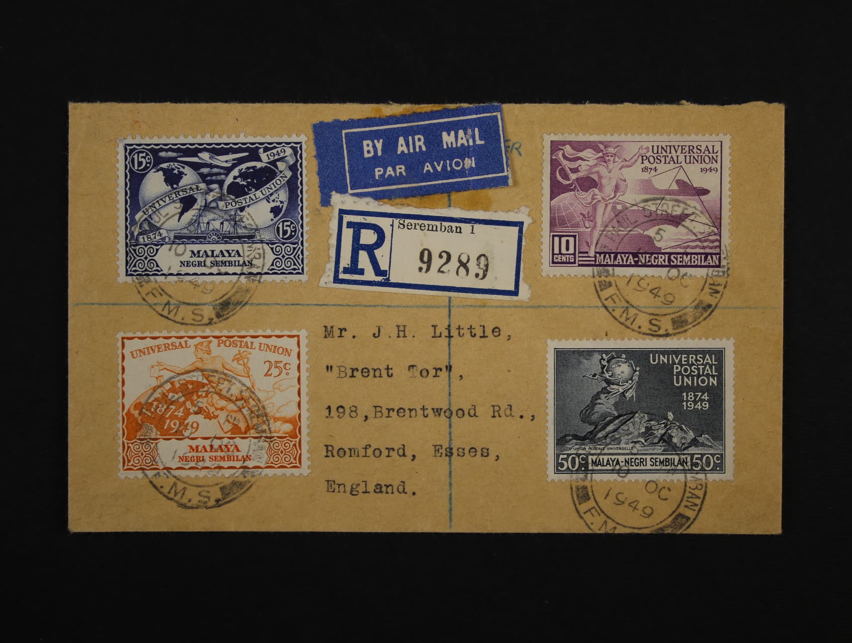 Malaya - NEGRI SEMBILAN - let. R-dopis do Anglie frank. zn. UPU 1949, pod. raz. SEREMBAN 10.OCT.1949 + průch. a přích. raz., zajímavé