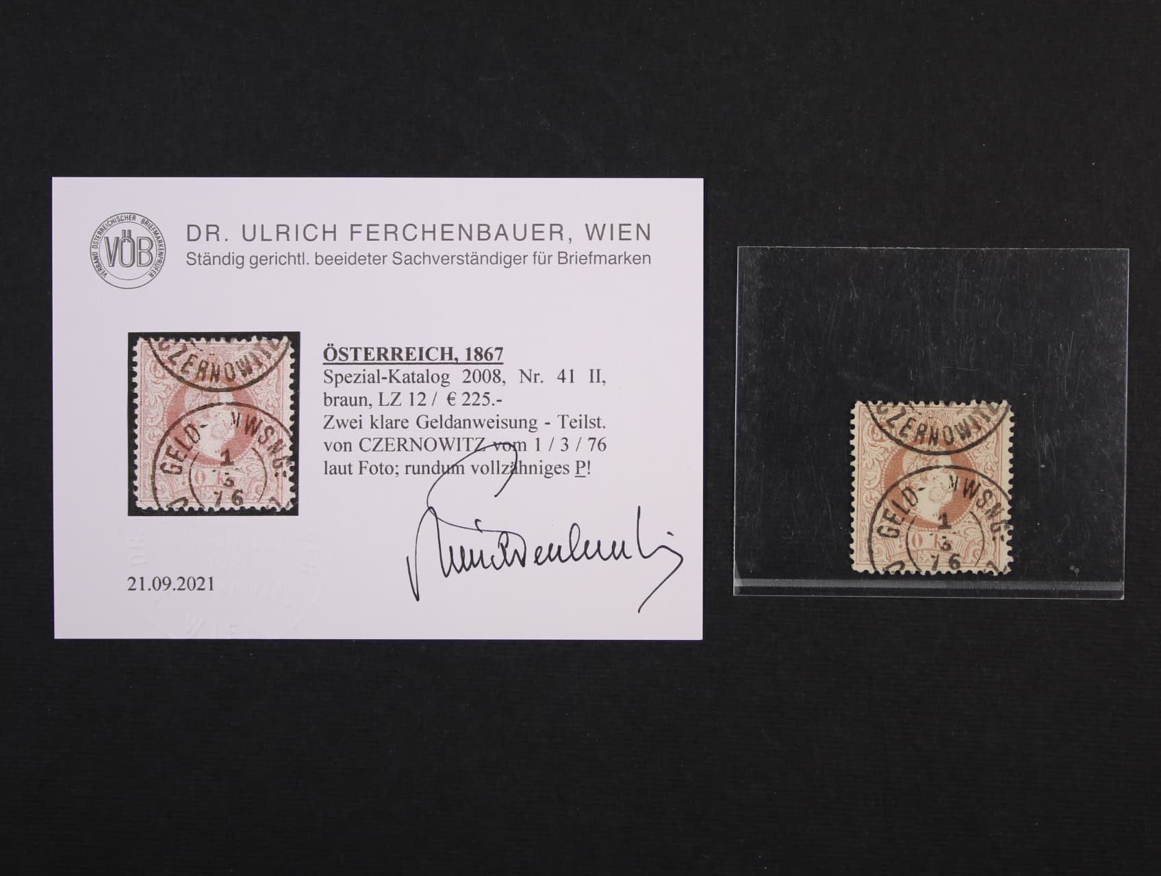 zn. Fe. č. 41 II, ŘZ 12 se dvěma nekompl. raz. GELD-ANWEISUNG CZERNOWITZ 1.3.76, zajímavé, 225 EUR, atest Ferchenbauer
