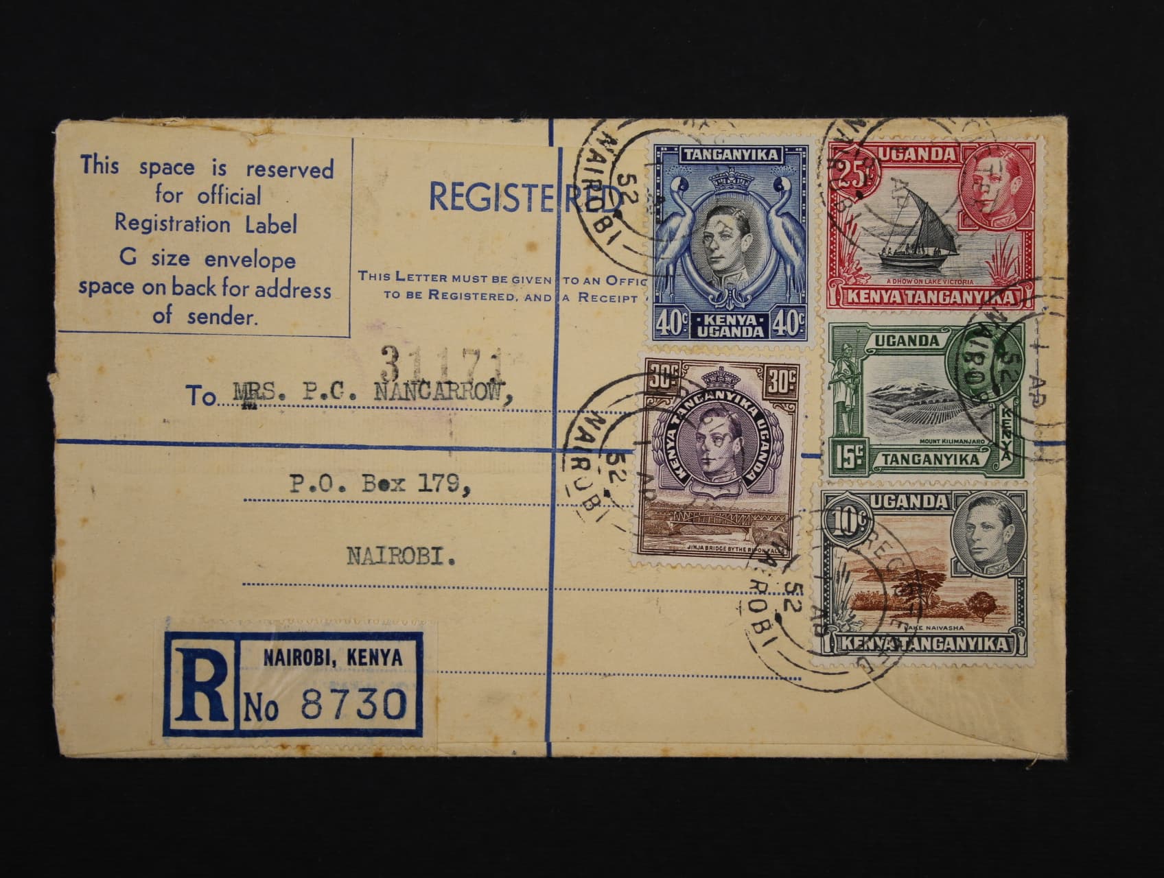 Uganda Kenya Tanganyika - R-celistvost v místě frank. pestrou vyskou frankaturou, pod. raz. NAIROBI REGISTERED 1.AP.52, zajímavé