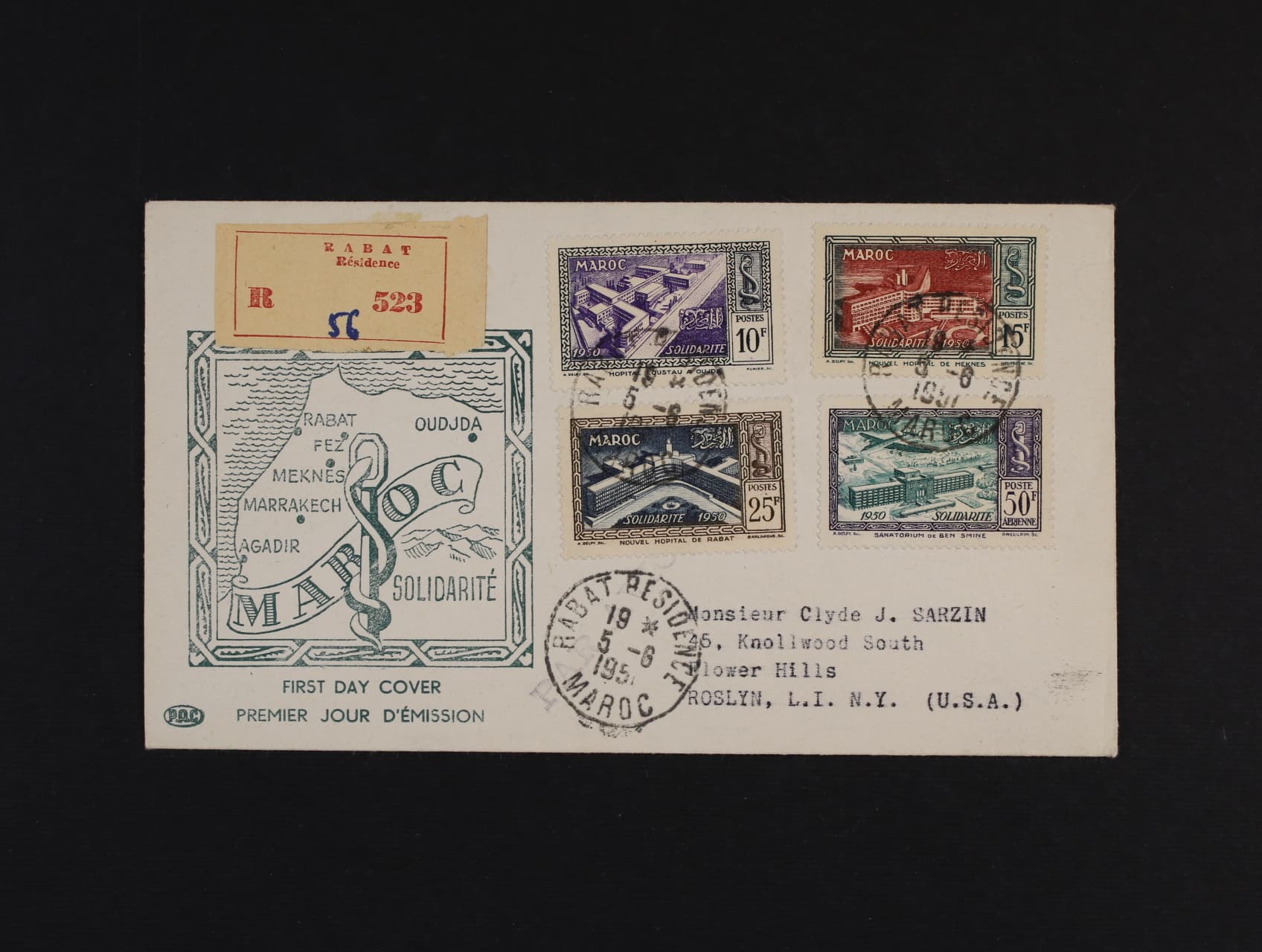 Maroko - R-FDC do USA frank. zn. Mi. c. 330 -33, pod. raz. RABAT 5.6.51, prich. raz.
