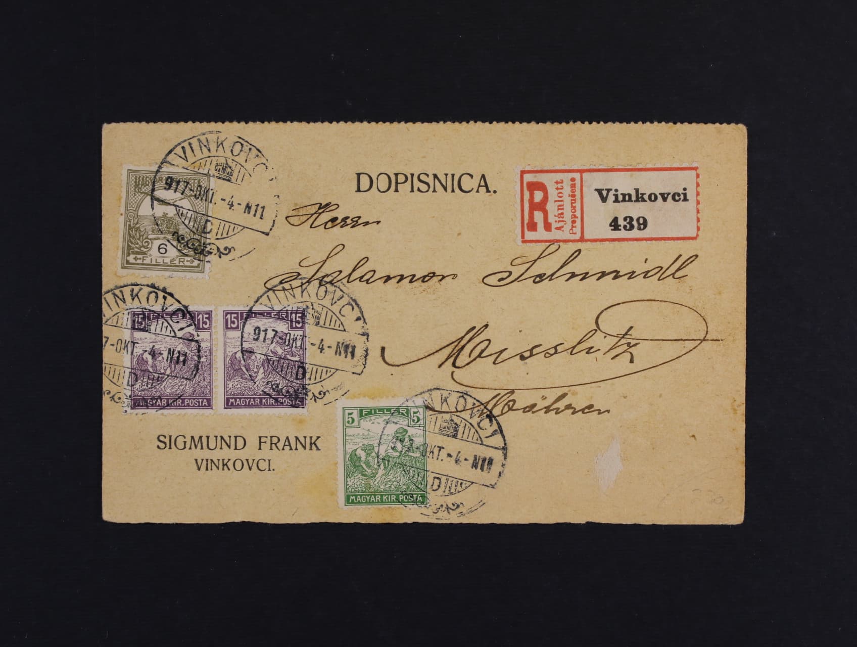 R-KL do CSR frank. zn. Mi. c. 123, 187 (dvoupaska), 192, pod. raz. VINKOVCI 4.OKT.1917, zajimave