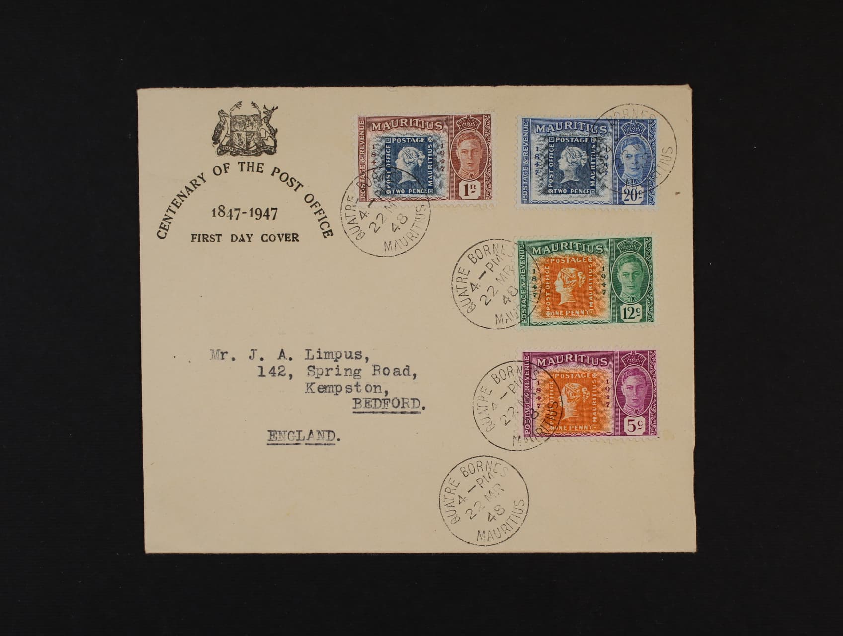 Mauritius - obálka FDC do Anglie frank. zn. Mi. č. 217 - 20, dobrá kvalita