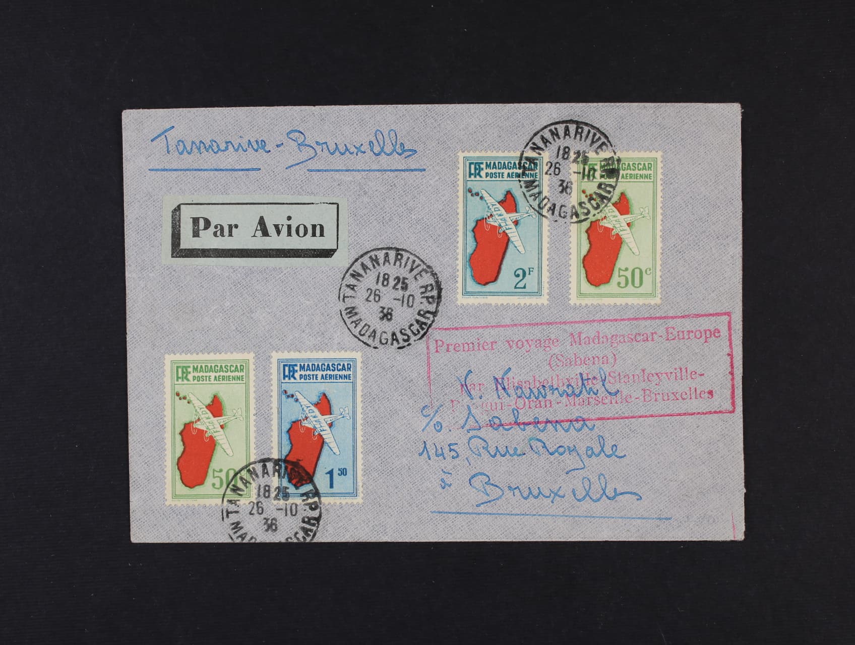 Madagaskar - let. dopis do Belgie frank. let. zn., pod. raz. TANANARIVE 26.10.36 + let. kaset a prich. raz.