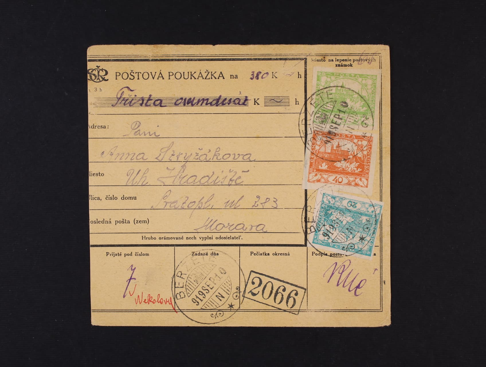 Dva díly pošt. poukazky frank. zn. c. 3, 8, 14 s pod. raz. BERZETE 10.SEP.19 (Brzotin)