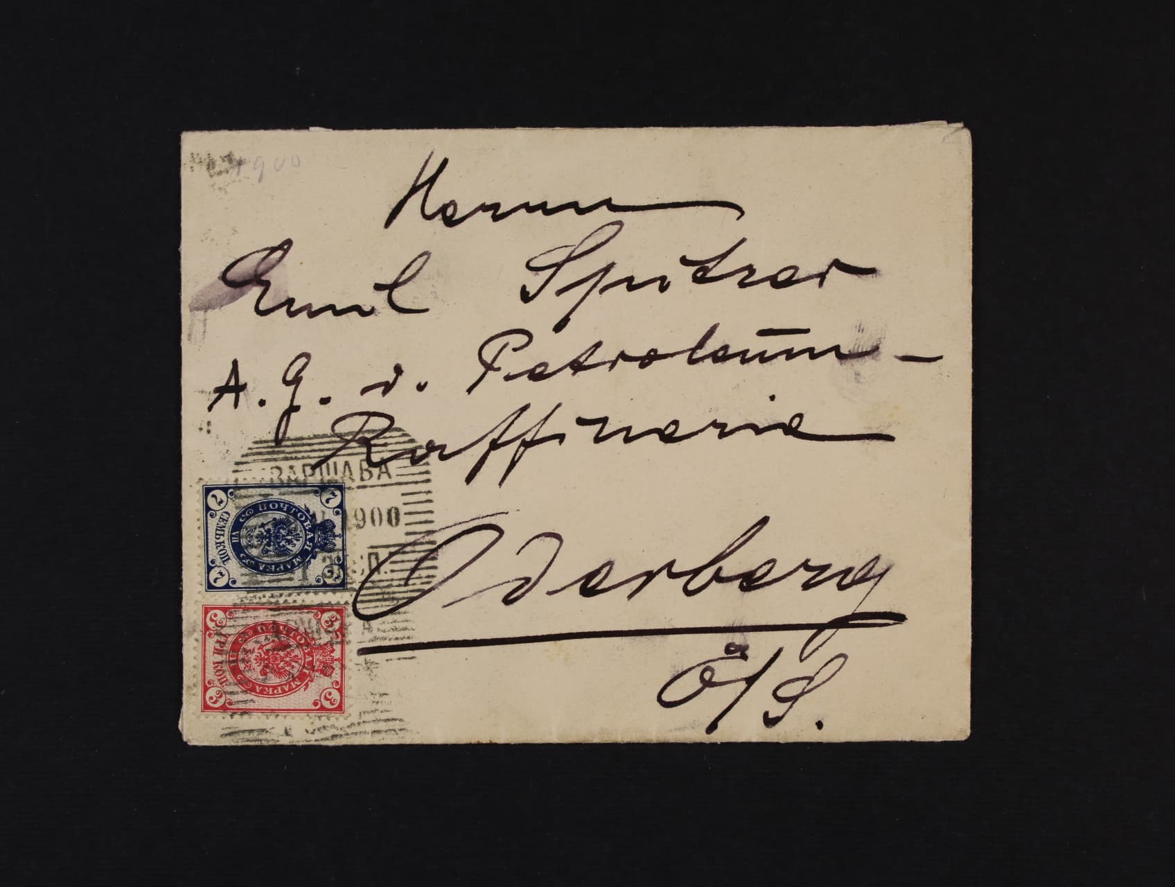 Dopis malého formátu do Bohumína frank. zn. 3 + 7kop, pod. raz. WARŠAVA 18.2.1900, průch. a přích raz. BOHUMÍN 21.2.1900, zajímavé