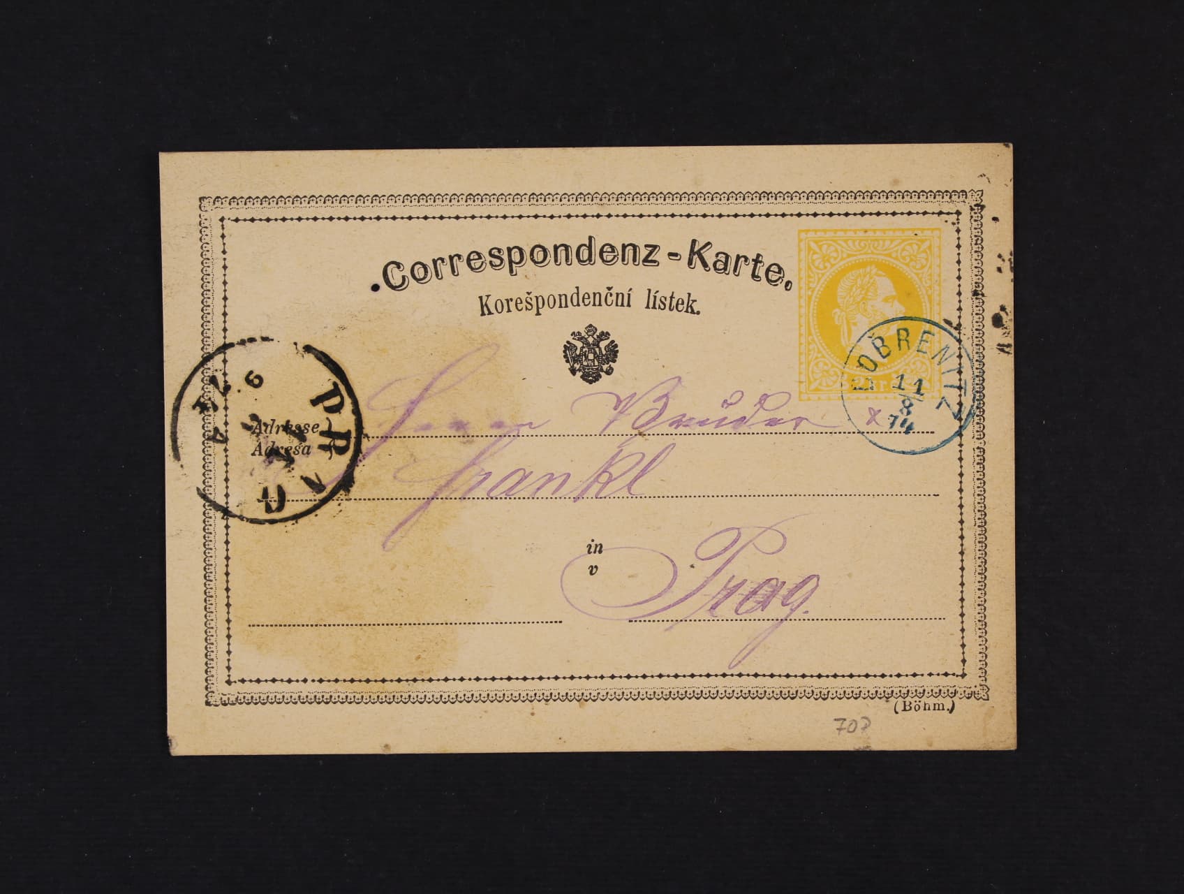 KL Mi. P 18 do Prahy s pod. náprstkovým modrým raz. DOBŘENITZ 11.8.1874,