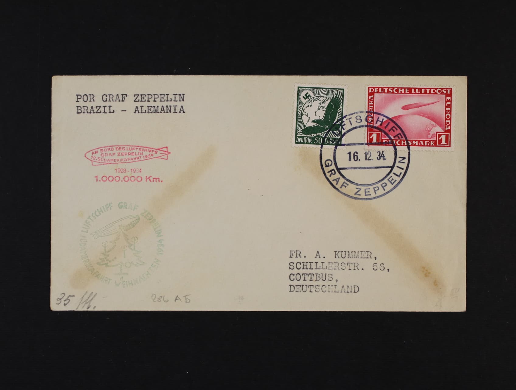 Německo - celistvost přepr. vánočním letem, zajímavá frankatura, pod. raz. LUFTSCHIFF GRAF ZEPPELIN 16.12.34 + červený a zelený let. kašet