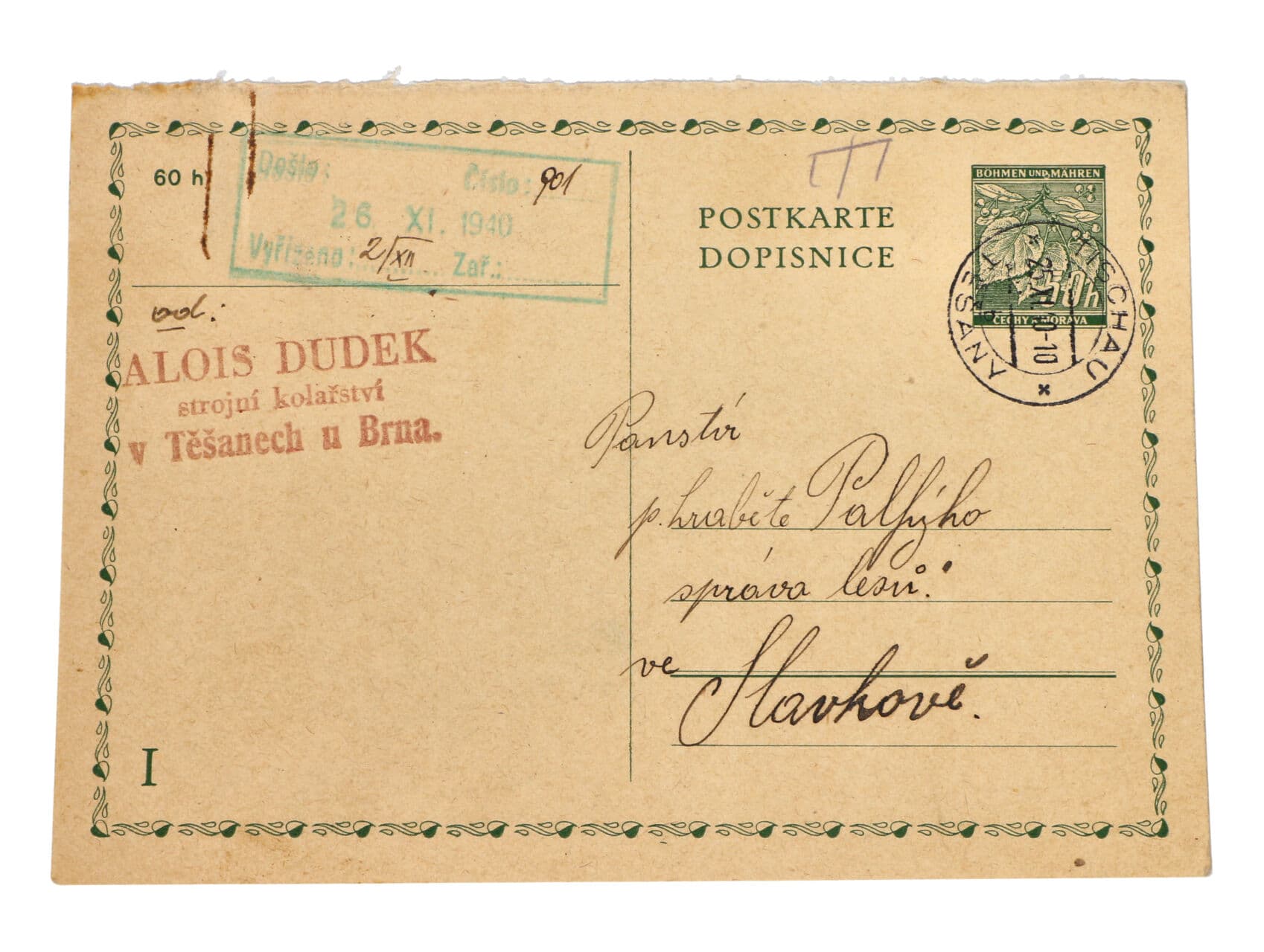 CDV č. 2, část 1 do Slavkova, pod. raz. TĚŠANY 25.11.40 + prezenční raz. 26.11.40
