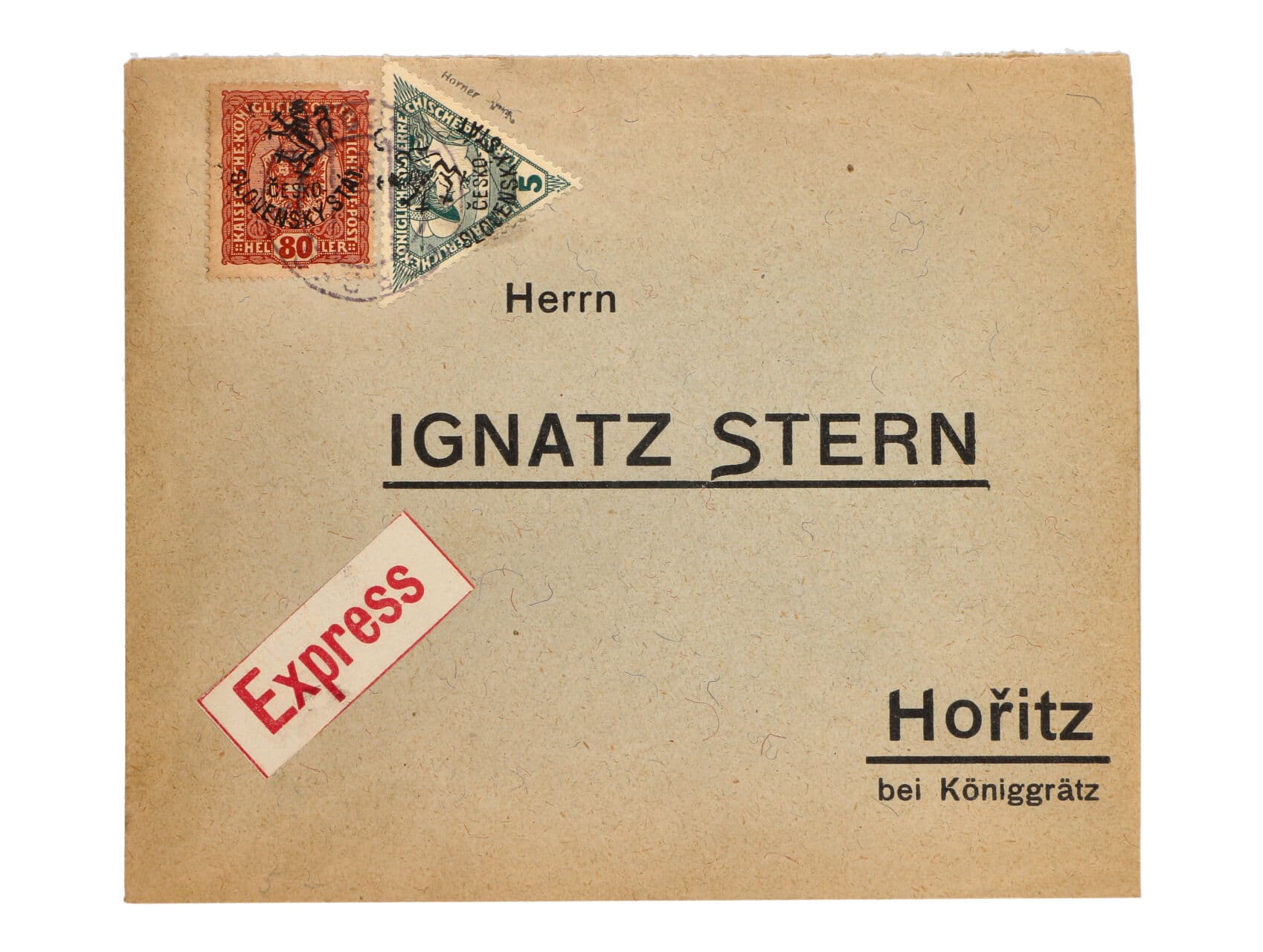 Budějovické vydání Horner - EXPRES dopis do Hořic frank. zn. RV č. 97 + RV 107, zk. Vrba